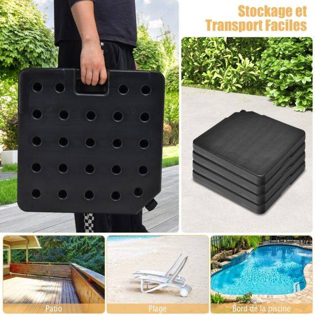 Helloshop26 - Dalle parasol déporté lot de 4 lestage poids parasol carré en HDPE à remplir 13 l d'eau ou 19,5 kg de sable base pour parasol avec poignée 100 x 100 - Imagen 6