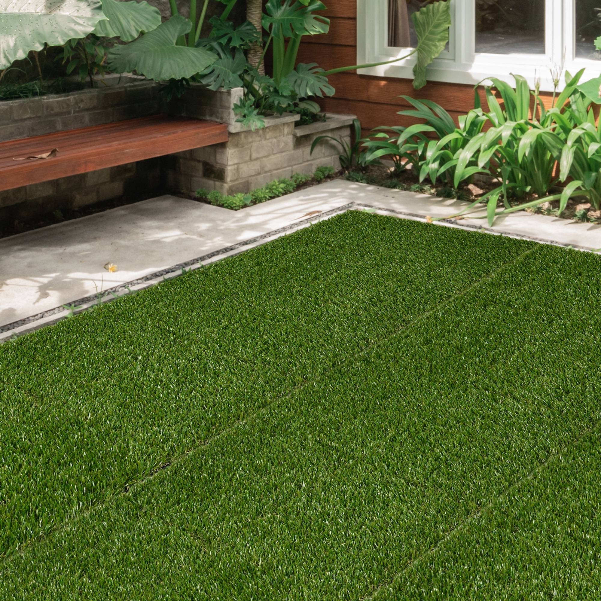 ComfortXL - Dalles gazon synthétique plastique 30 x 30 cm vert foncé terrasse jardin extérieur drainage facile lot de 10