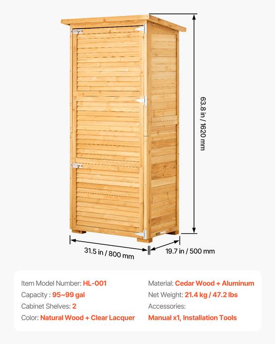 VEVOR Abri jardin 800x500x1620 mm, bois cèdre. Toit plat, étanche, pour outils. - Image 7