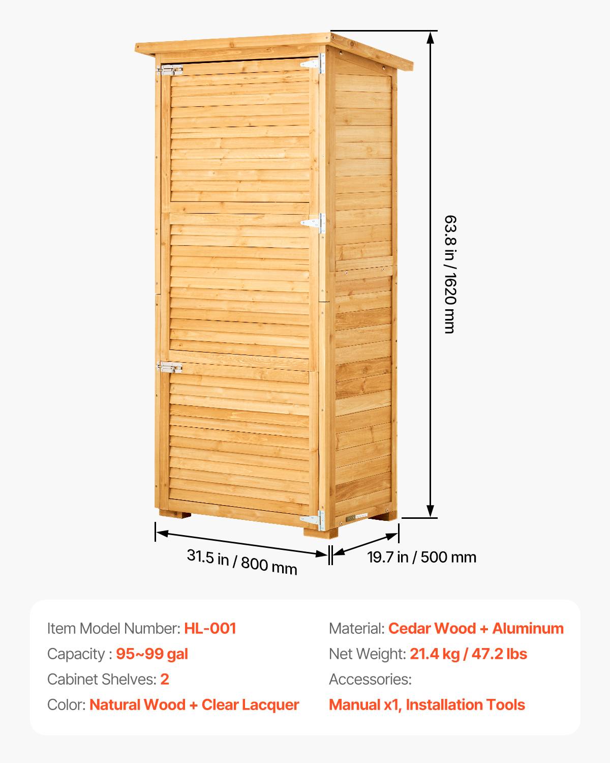 VEVOR Abri jardin 800x500x1620 mm, bois cèdre. Toit plat, étanche, pour outils. - Image 7