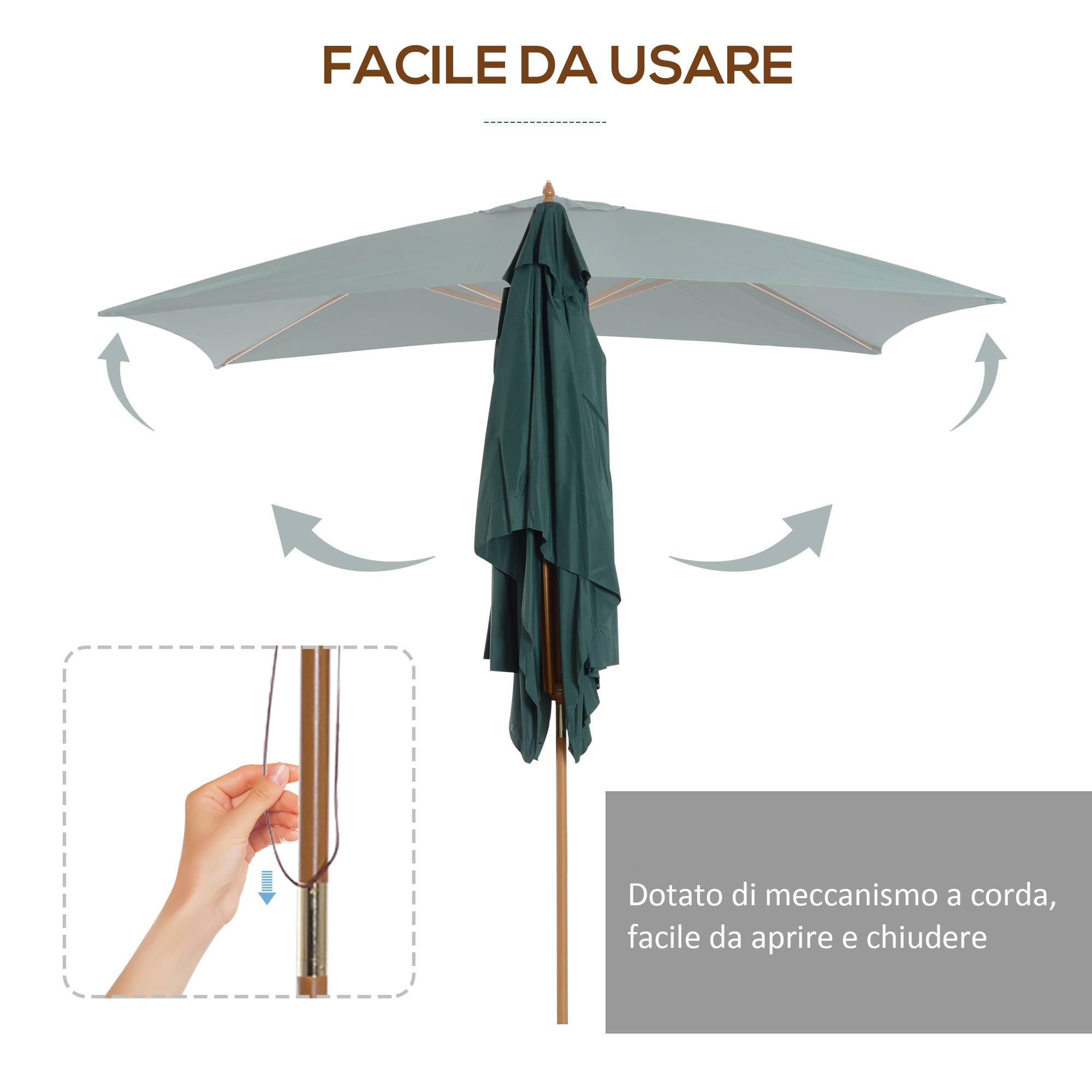 Parasol 2x3 m de jardin en bois laqué et bambou avec toile amovible, vert foncé - Image 8