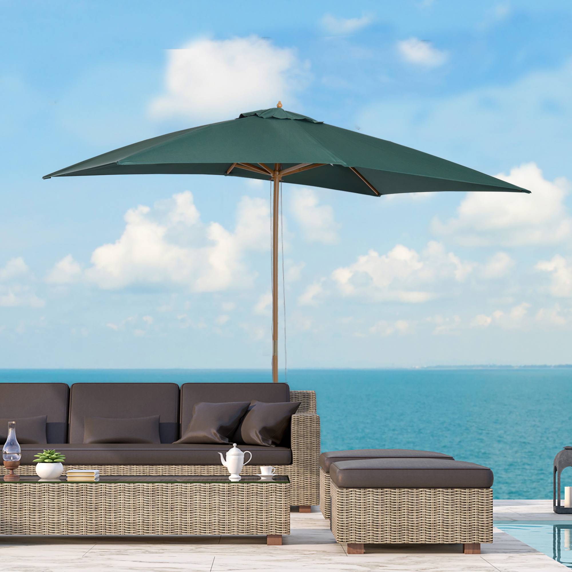 Parasol 2x3 m de jardin en bois laqué et bambou avec toile amovible, vert foncé - Image 3