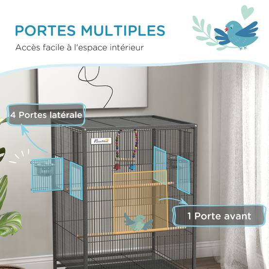 Cage à oiseaux sur pied acier noir 48 x 46 x 78 cm - PANGIVO - Image 6