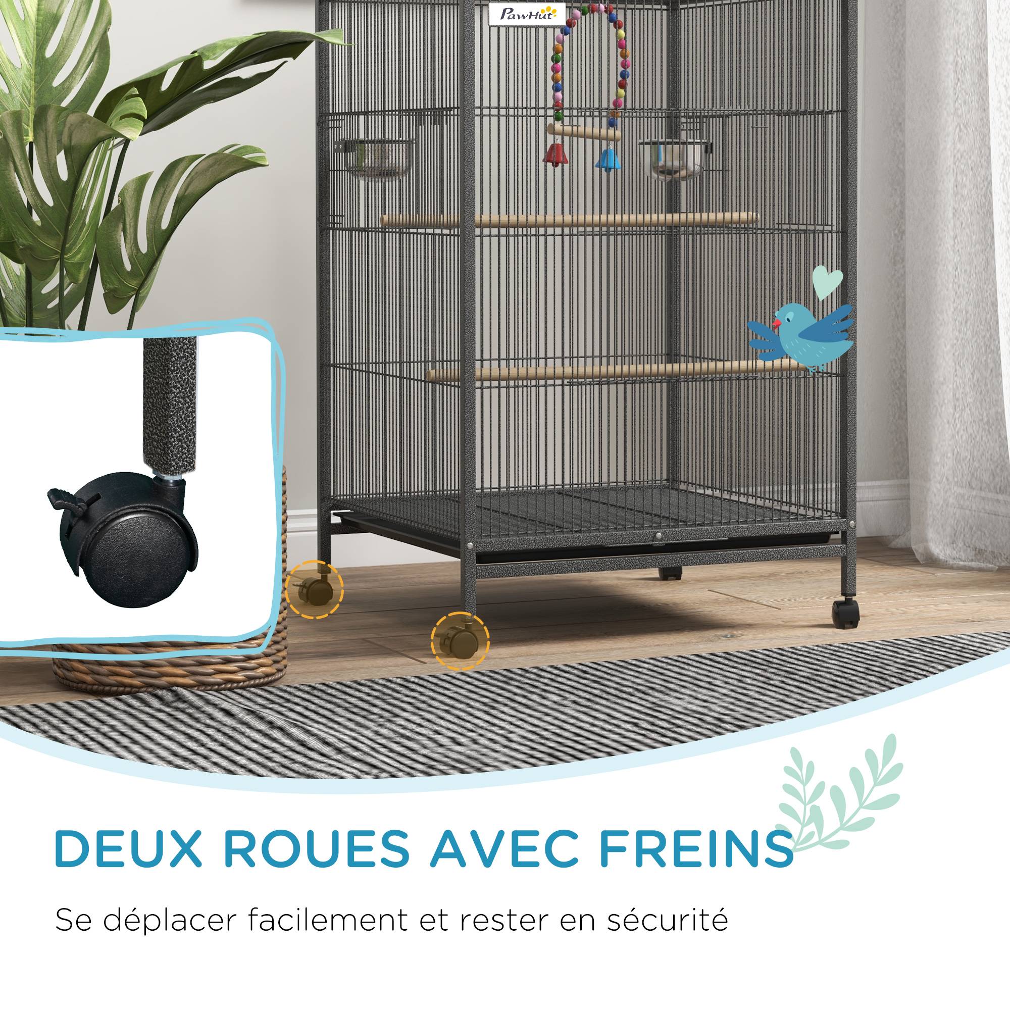 Cage à oiseaux sur pied acier noir 48 x 46 x 78 cm - PANGIVO - Image 9