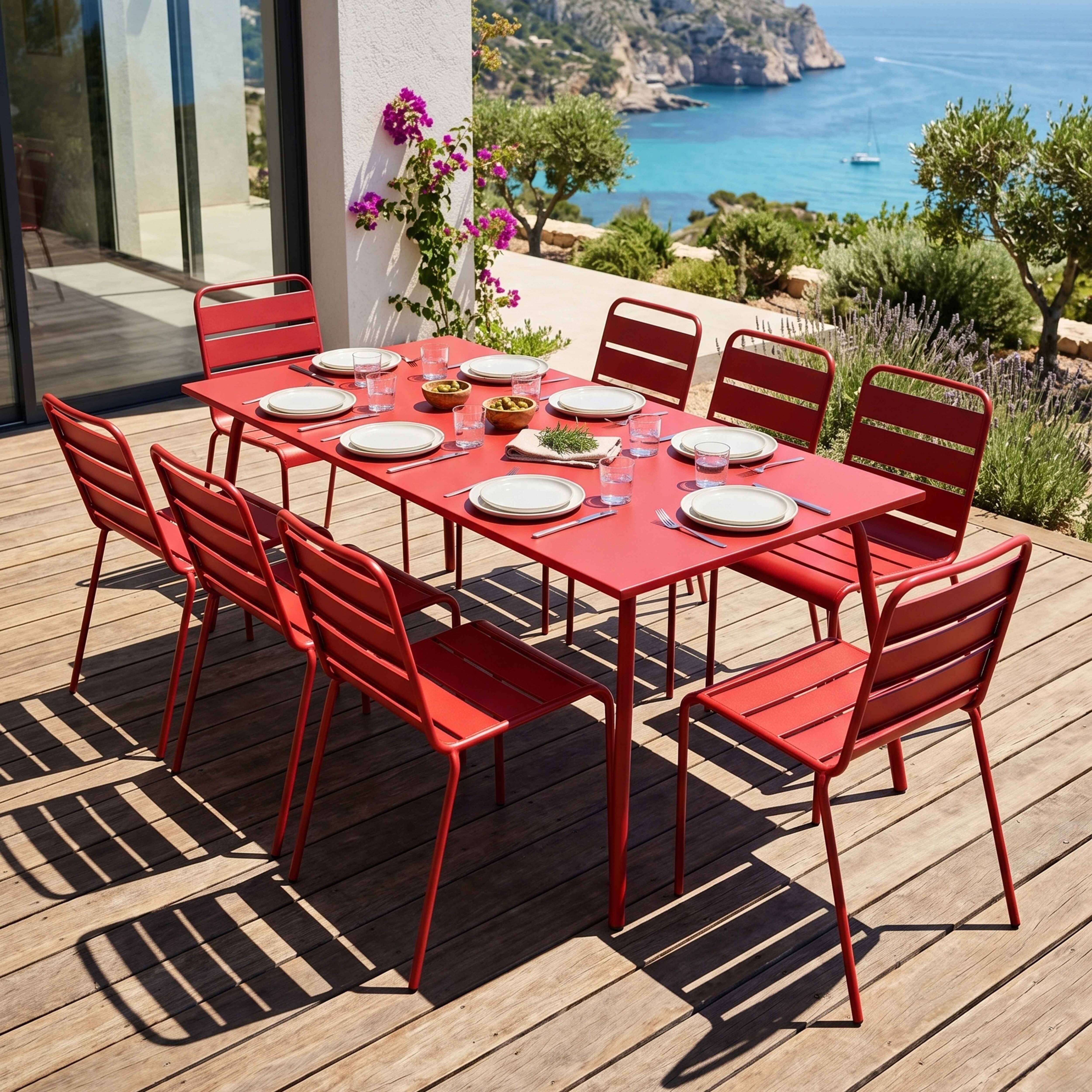 Oviala - Ensemble table de jardin et 8 chaises en métal rouge Palavas - Oviala - Imagen 2