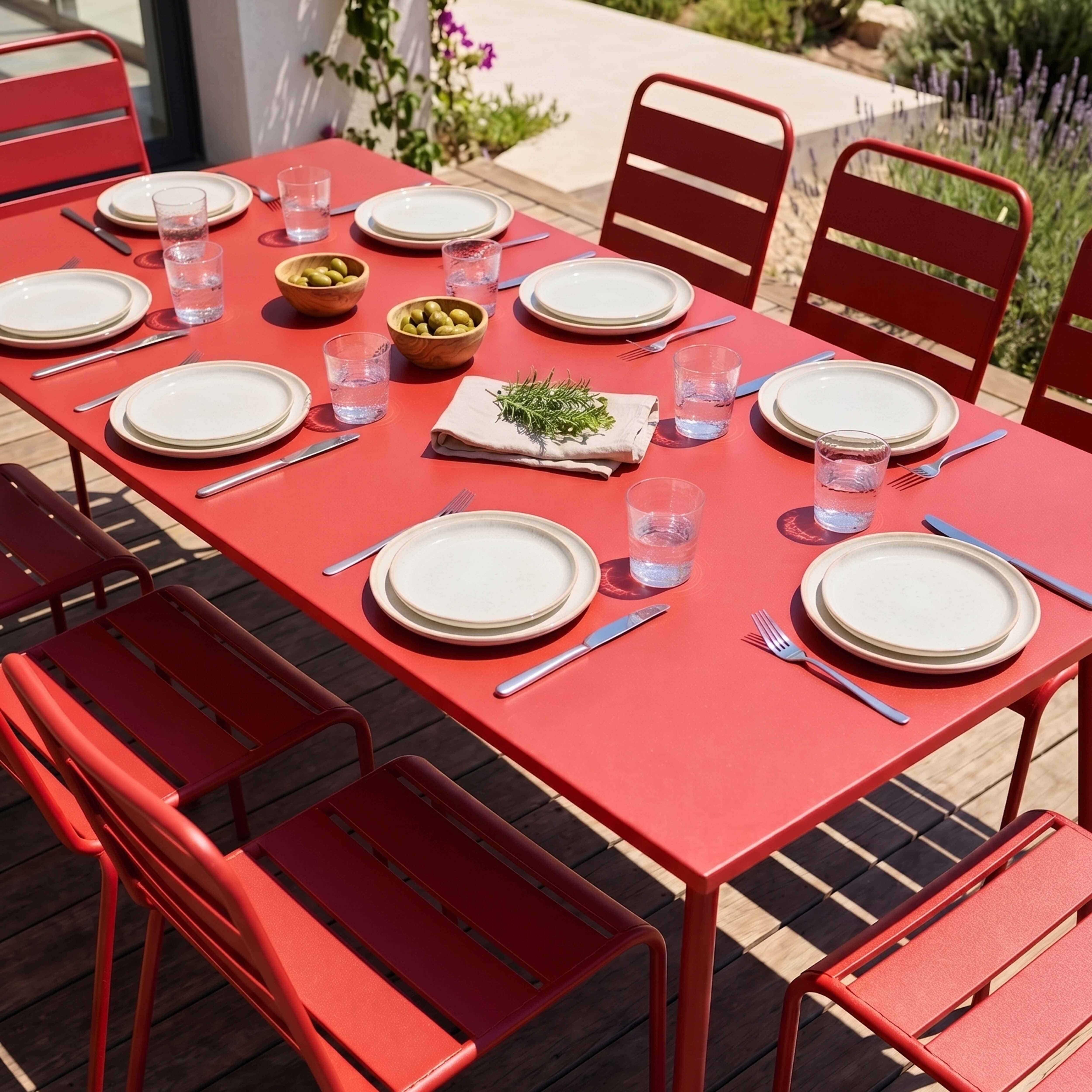Oviala - Ensemble table de jardin et 8 chaises en métal rouge Palavas - Oviala - Imagen 3