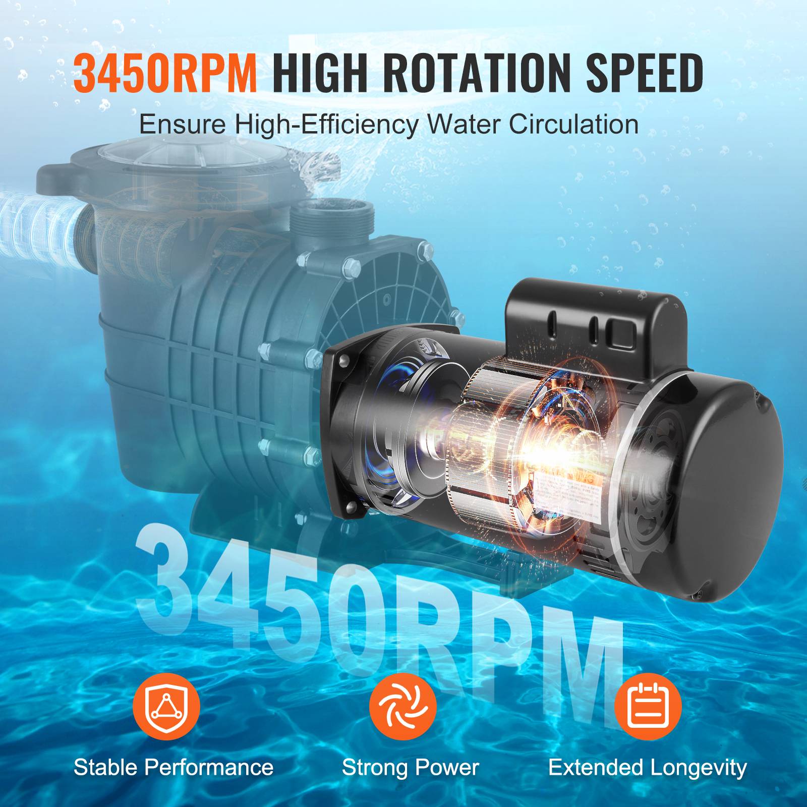 Vevor - VEVOR Moteur pompe piscine 1,5 CV 56Y 115/230 V 3450 tr/min CCW, condensateur 90 μF/250 V, remplacement robuste. - Image 3