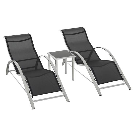 Ensemble de jardin 3 pièces en maille métallique avec 2 chaises longues et table, mobilier noir et argent pour jardin balcon - Image 1