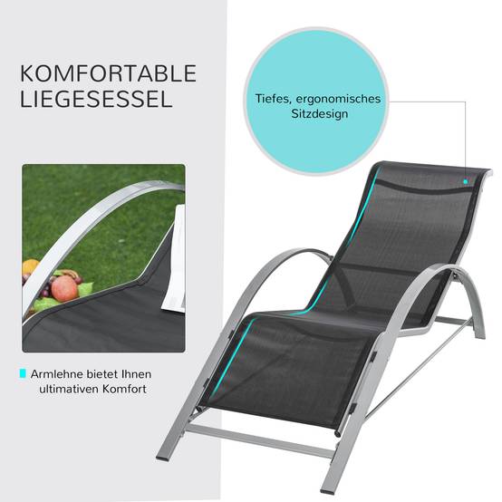 Ensemble de jardin 3 pièces en maille métallique avec 2 chaises longues et table, mobilier noir et argent pour jardin balcon - Image 8