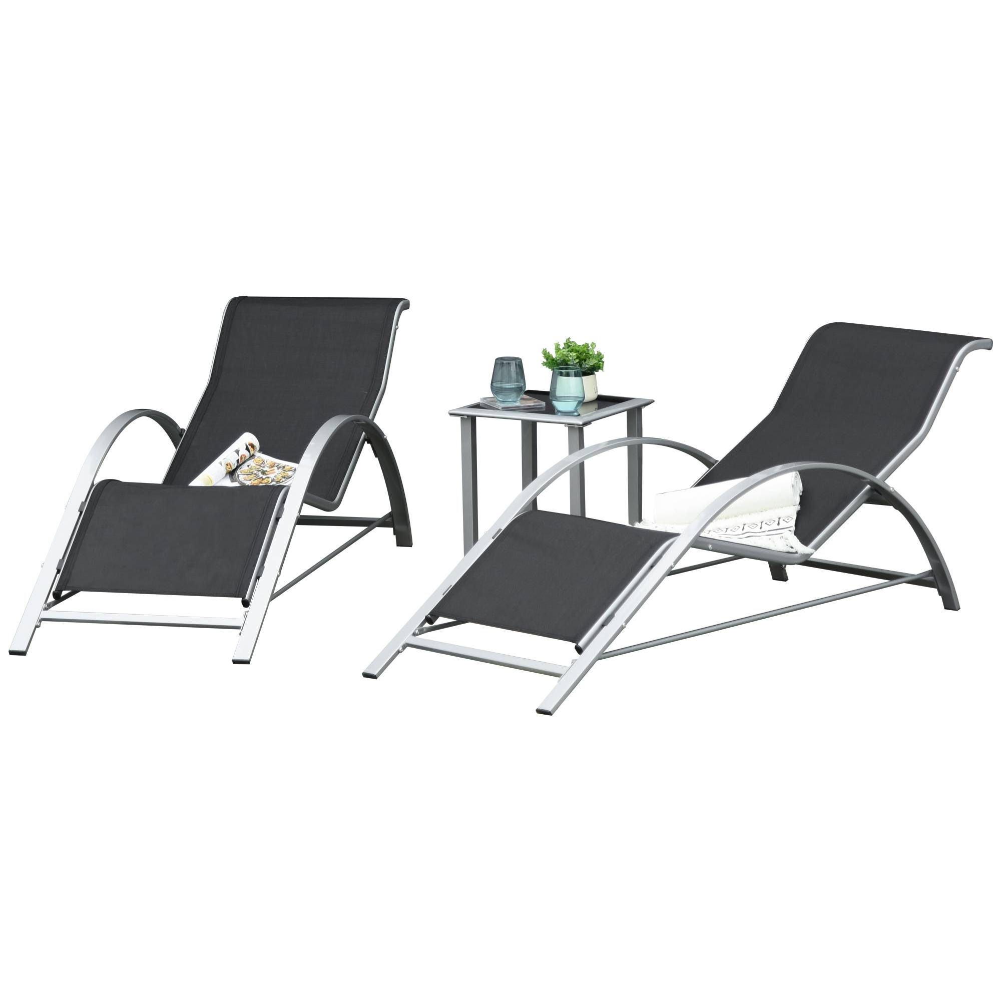 Ensemble de jardin 3 pièces en maille métallique avec 2 chaises longues et table, mobilier noir et argent pour jardin balcon - Image 2