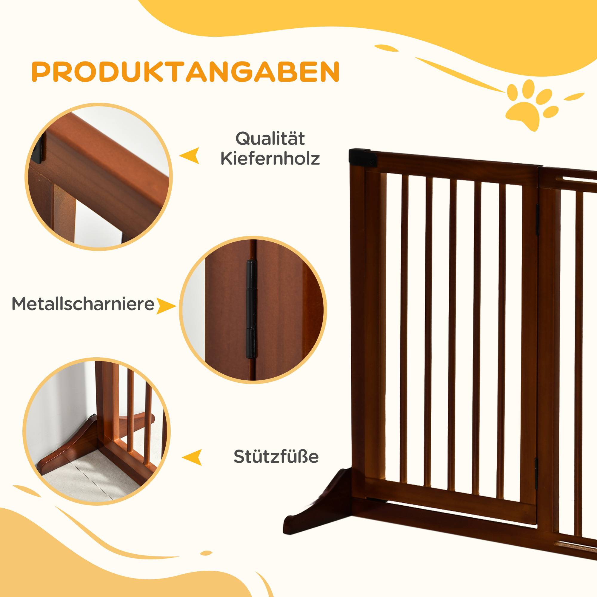 Barrière pour chien autoportante réglable avec pieds 113-166 x 71 cm, bois, escaliers, portes, cuisine, brun - Image 9