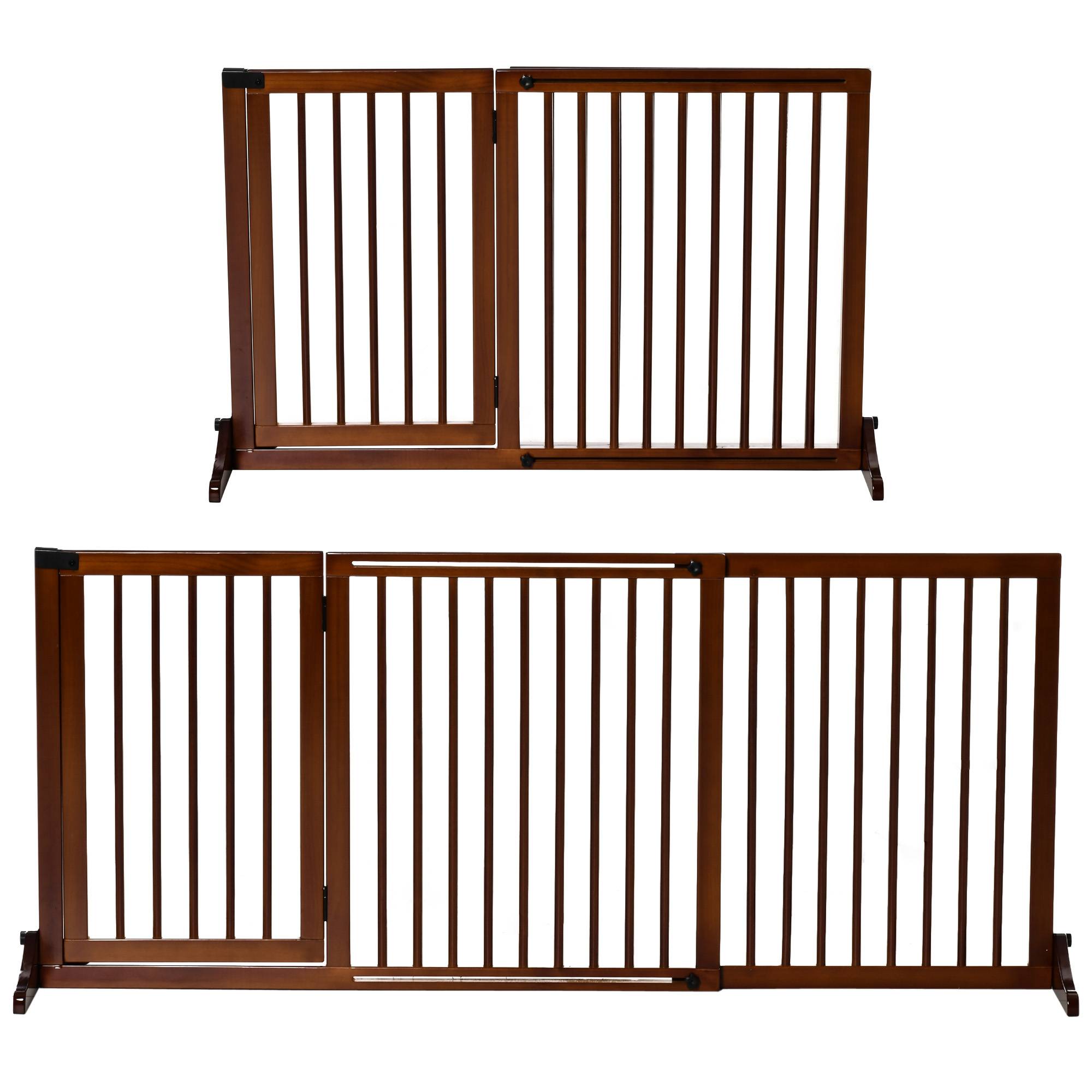 Barrière pour chien autoportante réglable avec pieds 113-166 x 71 cm, bois, escaliers, portes, cuisine, brun - Image 1