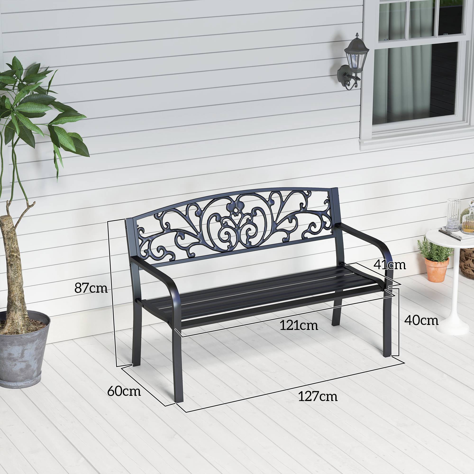 Banc de jardin en métal, motif floral, 2 places, charge maximale 240 kg, acier, 127 cm (L) x 60 cm (l) x 87 cm (H), noir - Image 5