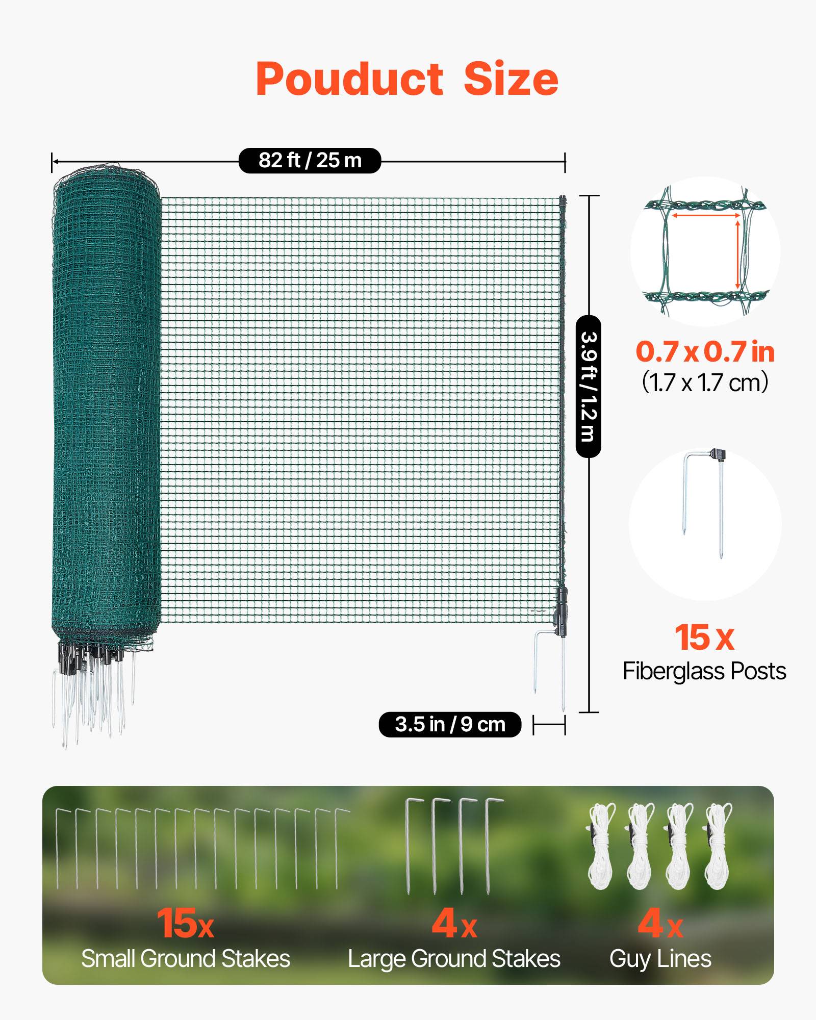Vevor - VEVOR Clôture filet mobile 25x1,2 m, filet PE UV, 15 poteaux fibre de verre, piquets double pointe, haubans, kit complet pour jardin et poulailler. - Image 2