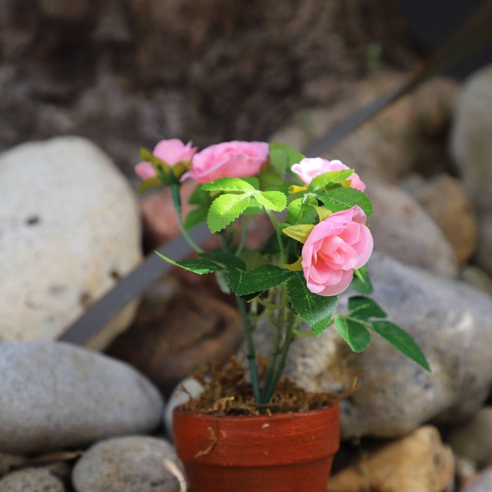 ~Rosier plante fleur artificielle extérieur cimetière tissu rose 12cm Chemin de campagne - Imagen 2