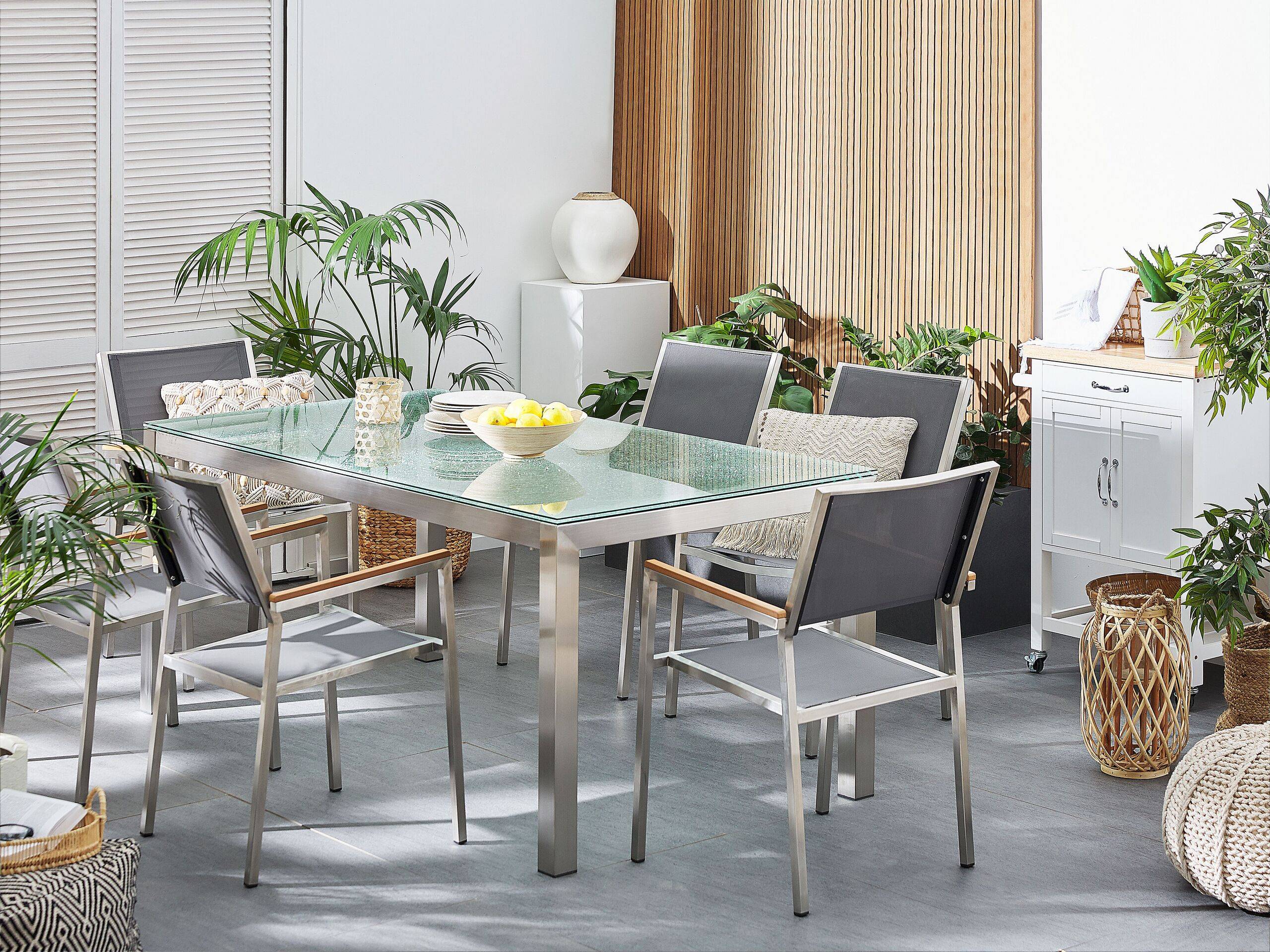 Beliani - Salon de Jardin composé d'une Table 180 x 90 cm et de 6 Chaises en Acier Inox, Textile Gris et Verre Effet Brisé au Design Moderne - Imagen 2