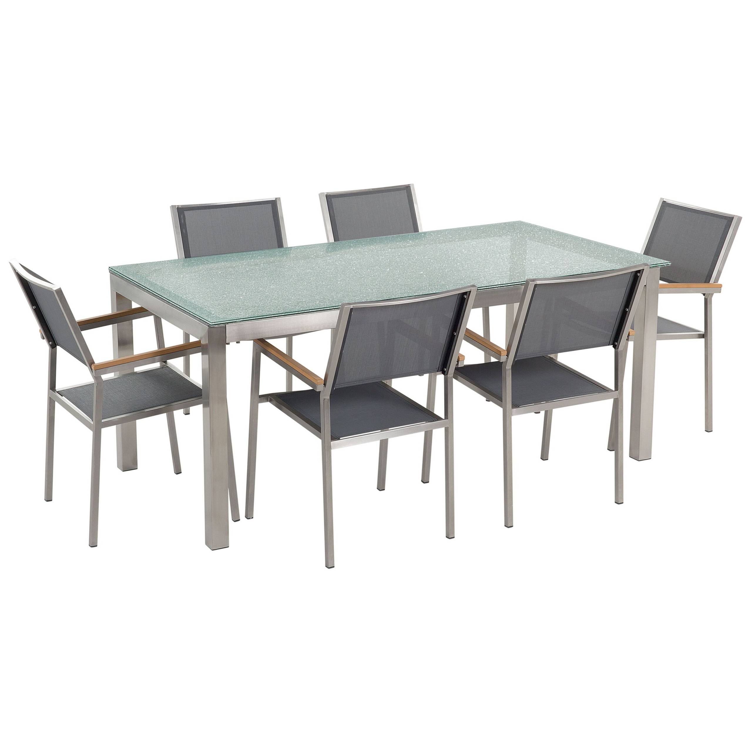 Beliani - Salon de Jardin composé d'une Table 180 x 90 cm et de 6 Chaises en Acier Inox, Textile Gris et Verre Effet Brisé au Design Moderne - Imagen 1