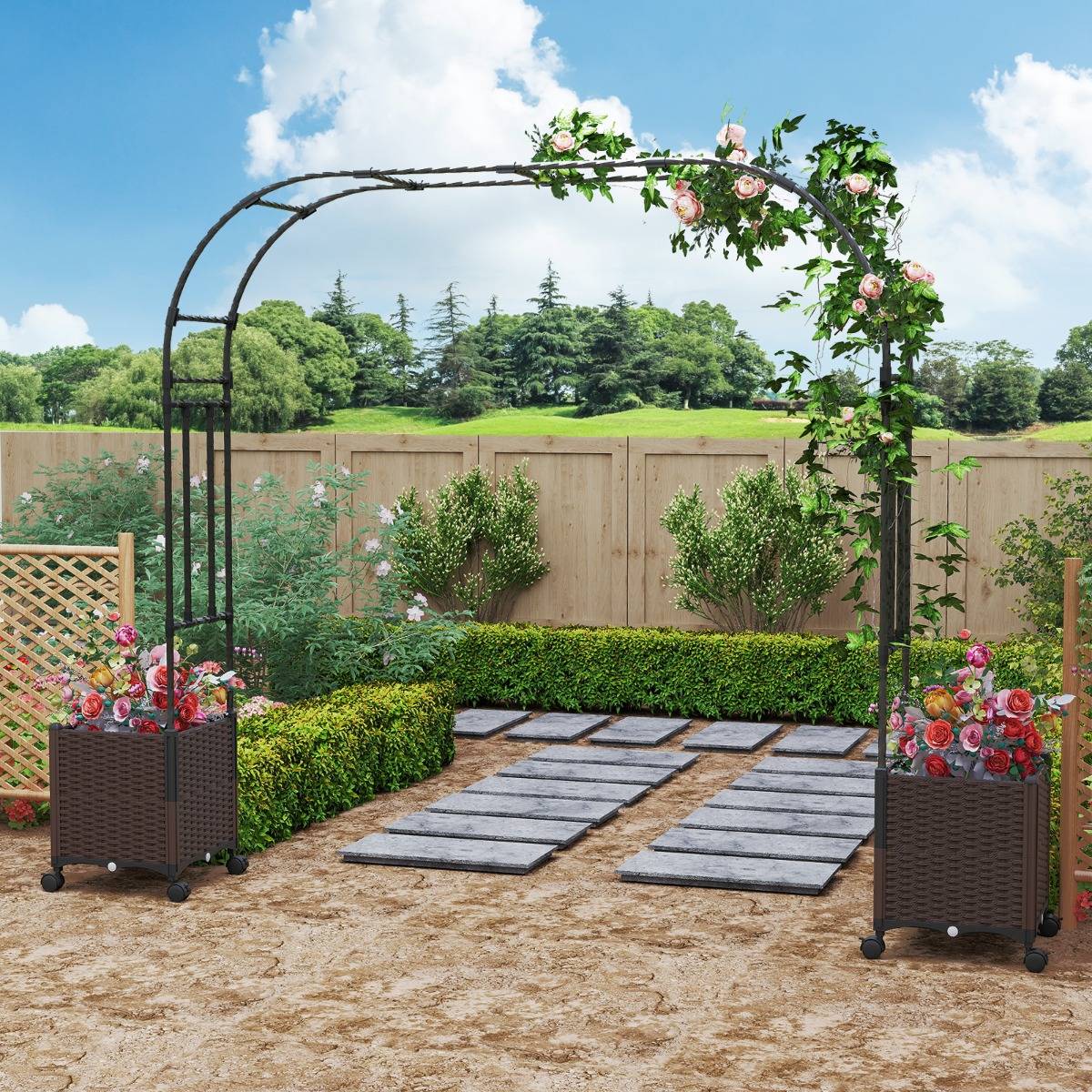 Arche de Jardin 288cm avec 2 Bacs Jardinière et Treillis Pergola avec Tubes Métalliques - Image 3