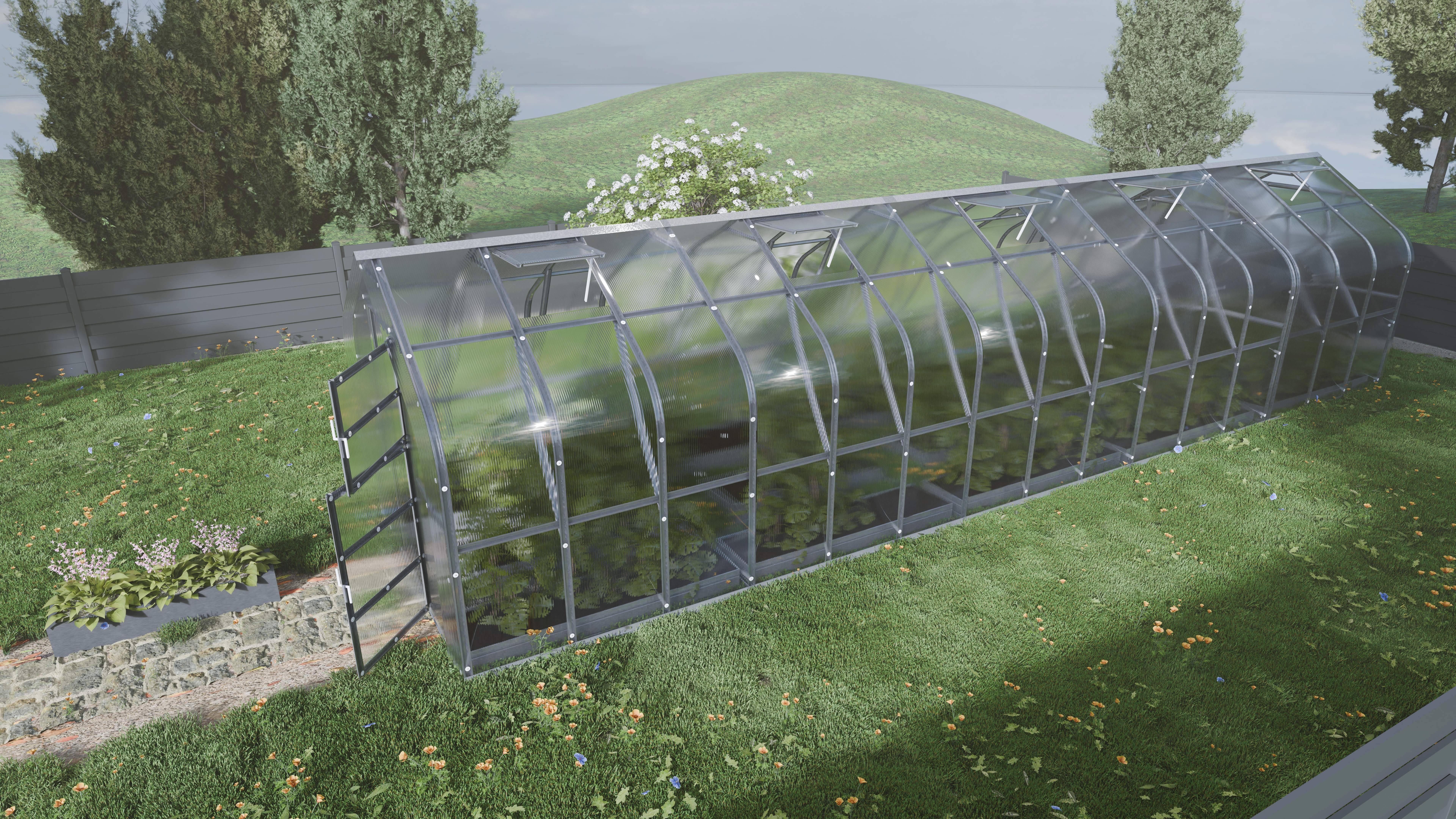 Serre KLASIKA Standard 25m2, 2,5m x 10m, 4 mm avec revêtement en polycarbonate (Avec 5 toits ouvrants automatiques) - Image 1