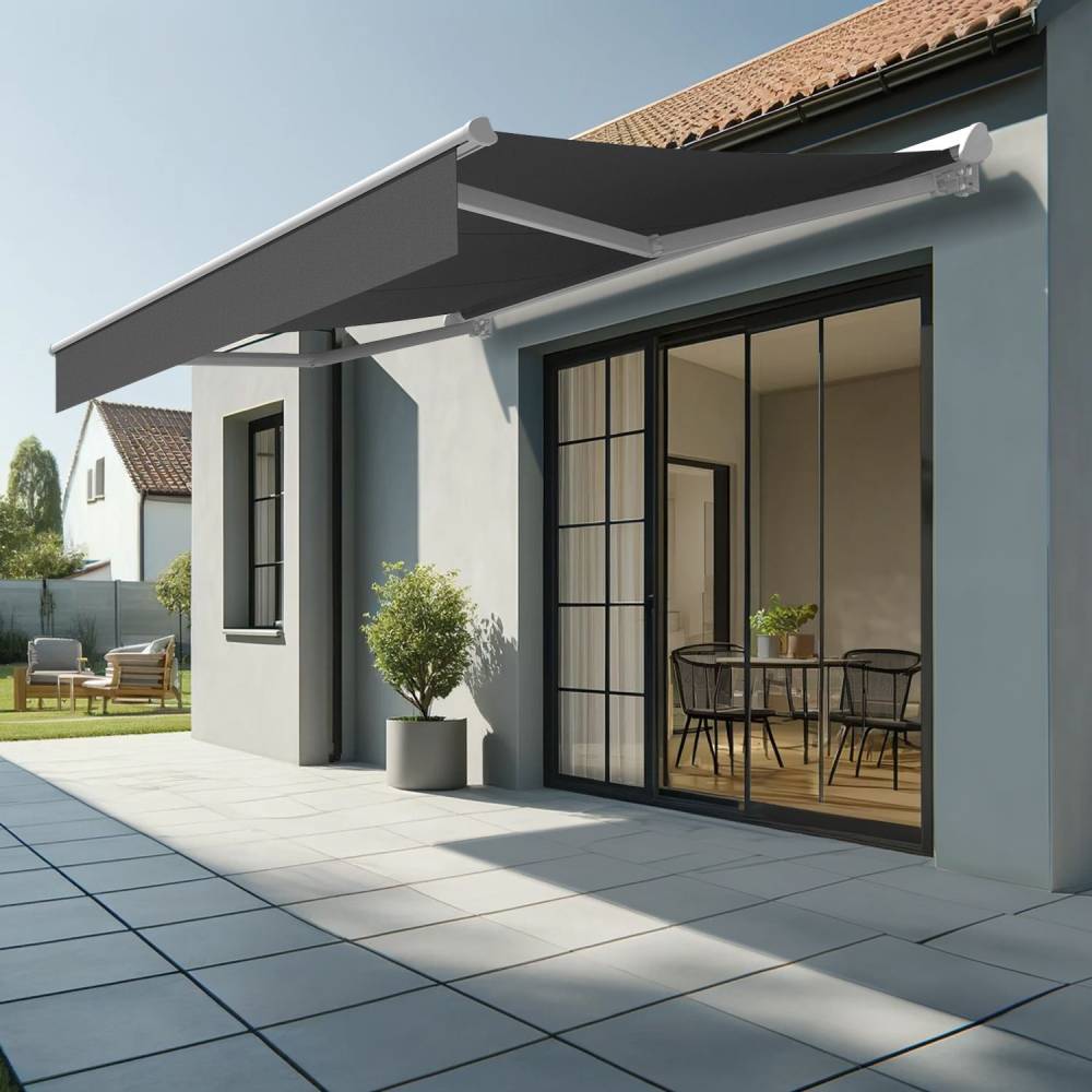 Store banne semi-coffre SARARI 3,00x2,00m (Motorisé à interrupteur + manœuvre de secours - Gris Graphite - Blanc) - Alia Productions - Imagen 1