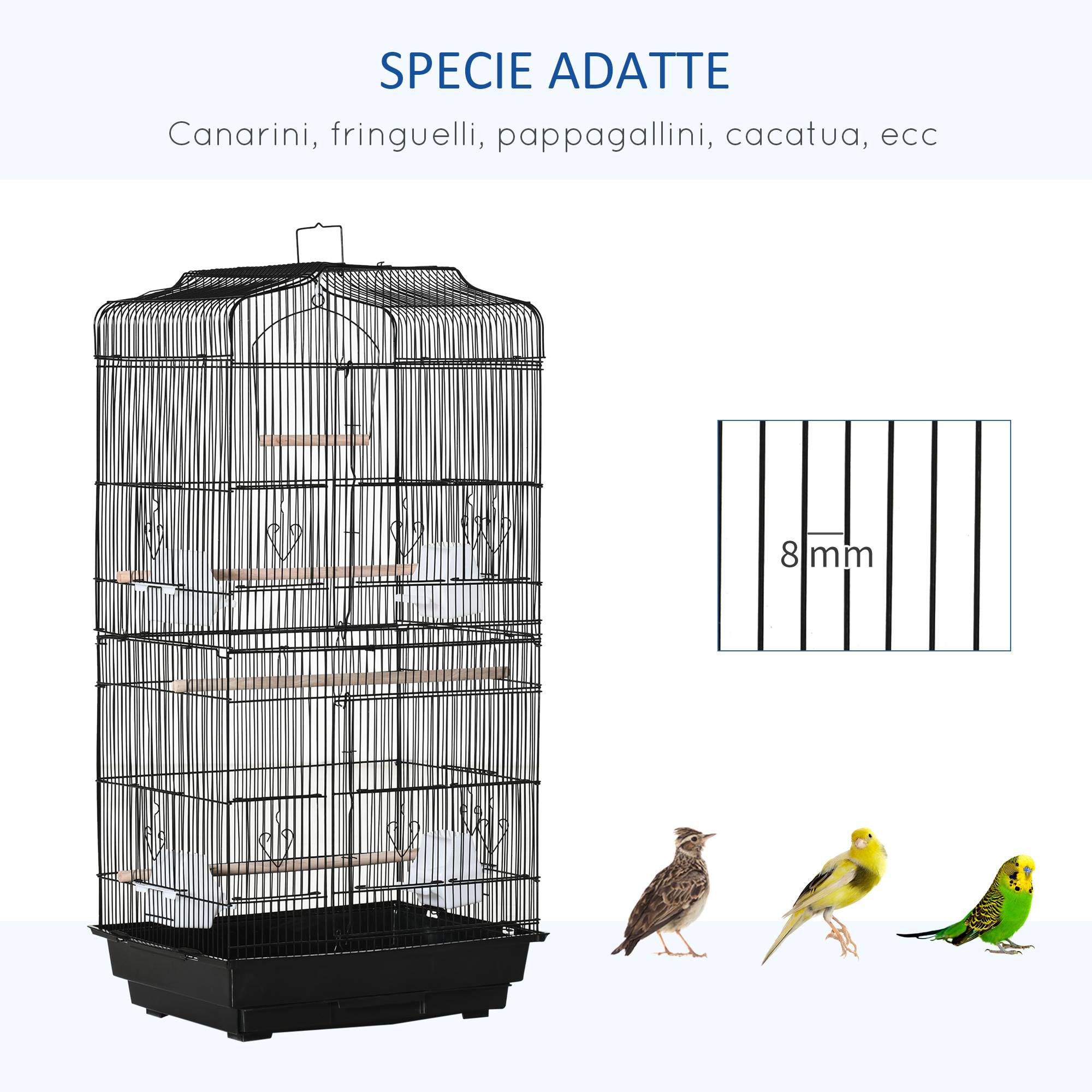 Cage pour oiseaux en métal et plastique avec perchoirs, balançoire et mangeoires, 46,5x35,5x92 cm, noir - Image 9