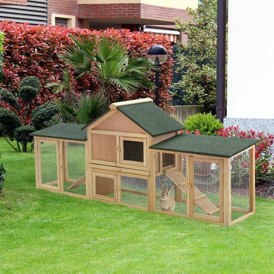 Clapier cage à lapins rongeurs XXL clapier nain 2 étages toit bitumé intégral tiroir déjection 210L x 45,5l x 84,5H cm bois massif pin pré-huilé - Image 4