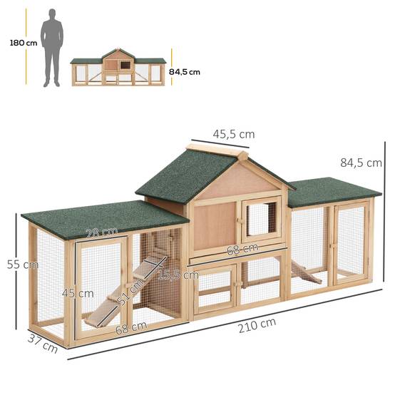 Clapier cage à lapins rongeurs XXL clapier nain 2 étages toit bitumé intégral tiroir déjection 210L x 45,5l x 84,5H cm bois massif pin pré-huilé - Image 5
