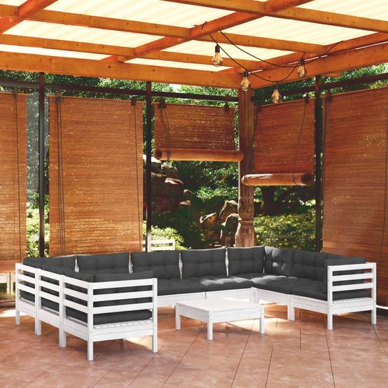 Grand Salon de Jardin en Bois Massif Blanc 10 Places avec Coussins Anthracite, Modulable et Confortable – ComfortXL Outdoor Living - Image 1