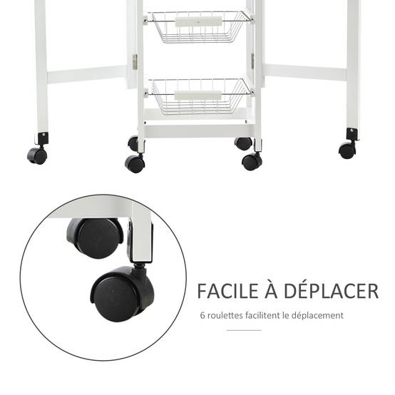Chariot de service desserte de cuisine à roulettes multi-rangements 3 paniers métal + tiroir + rallonges MDF blanc chêne clair - Image 7