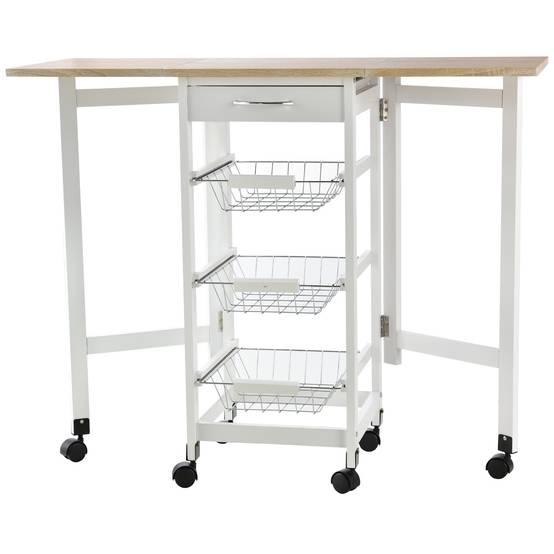 Chariot de service desserte de cuisine à roulettes multi-rangements 3 paniers métal + tiroir + rallonges MDF blanc chêne clair - Image 1