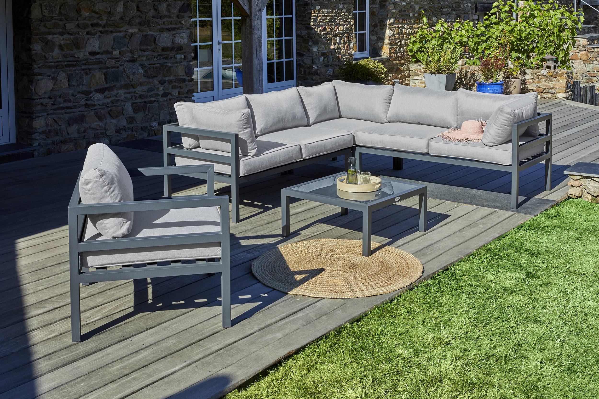 Salon de jardin d'angle 6 places en aluminium - Gris anthracite - BEAUBOURG - Image 1