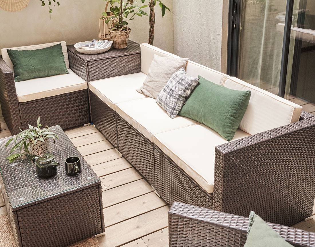 Best Mobilier - Broome - salon bas de jardin 5 places - avec coffre de rangement - résine tressée marron et coussins beiges - Best Mobilier - Imagen 3