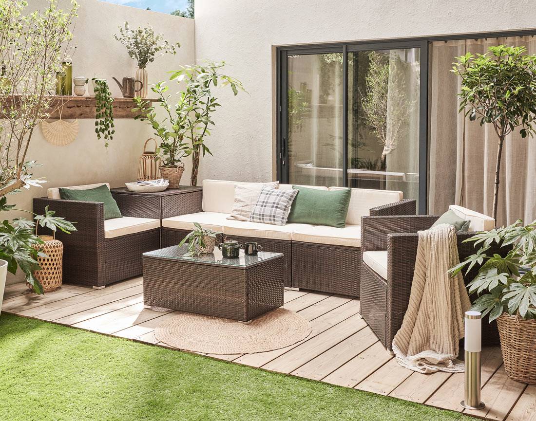 Best Mobilier - Broome - salon bas de jardin 5 places - avec coffre de rangement - résine tressée marron et coussins beiges - Best Mobilier - Imagen 2
