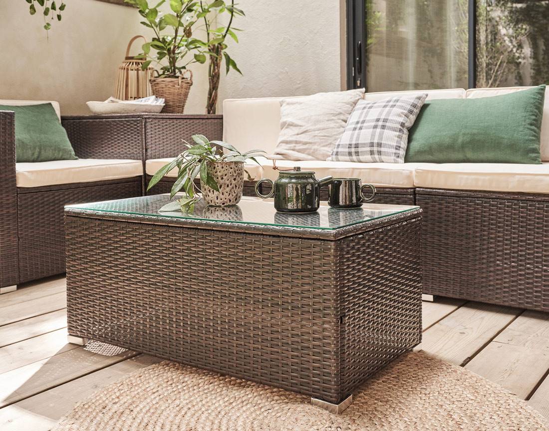 Best Mobilier - Broome - salon bas de jardin 5 places - avec coffre de rangement - résine tressée marron et coussins beiges - Best Mobilier - Imagen 5