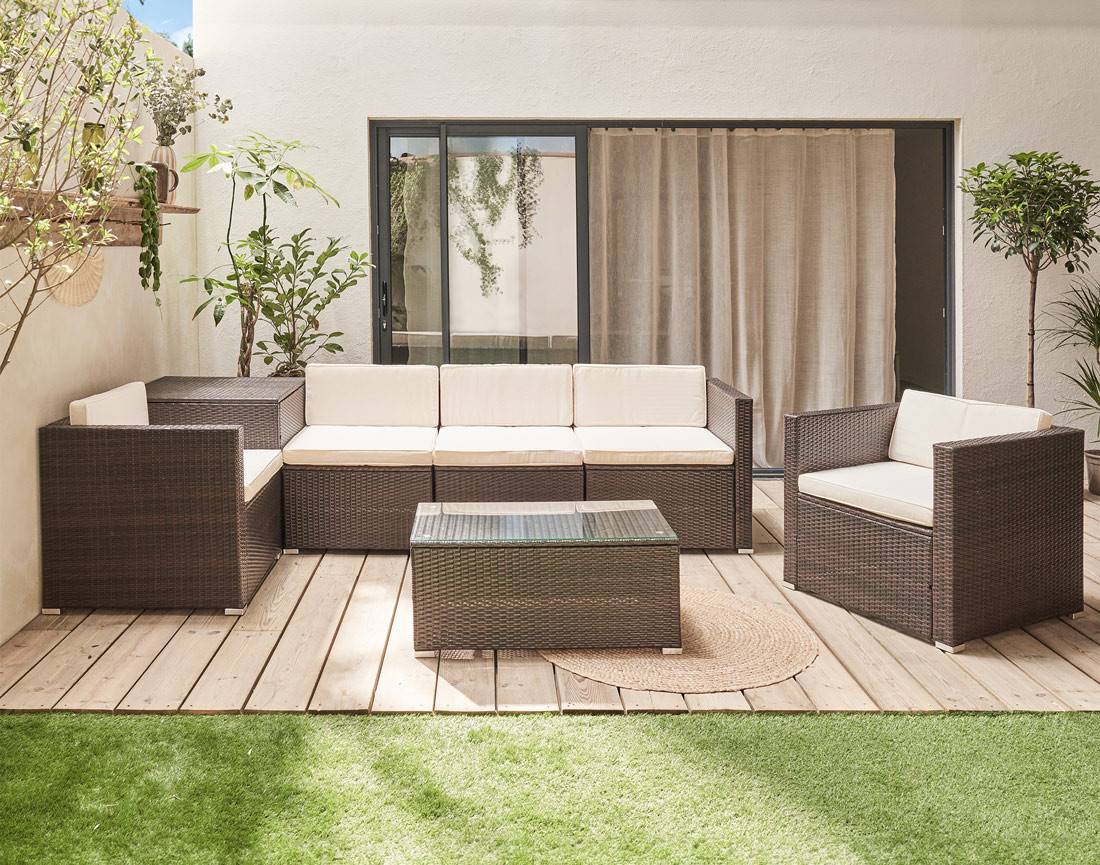 Best Mobilier - Broome - salon bas de jardin 5 places - avec coffre de rangement - résine tressée marron et coussins beiges - Best Mobilier - Imagen 8