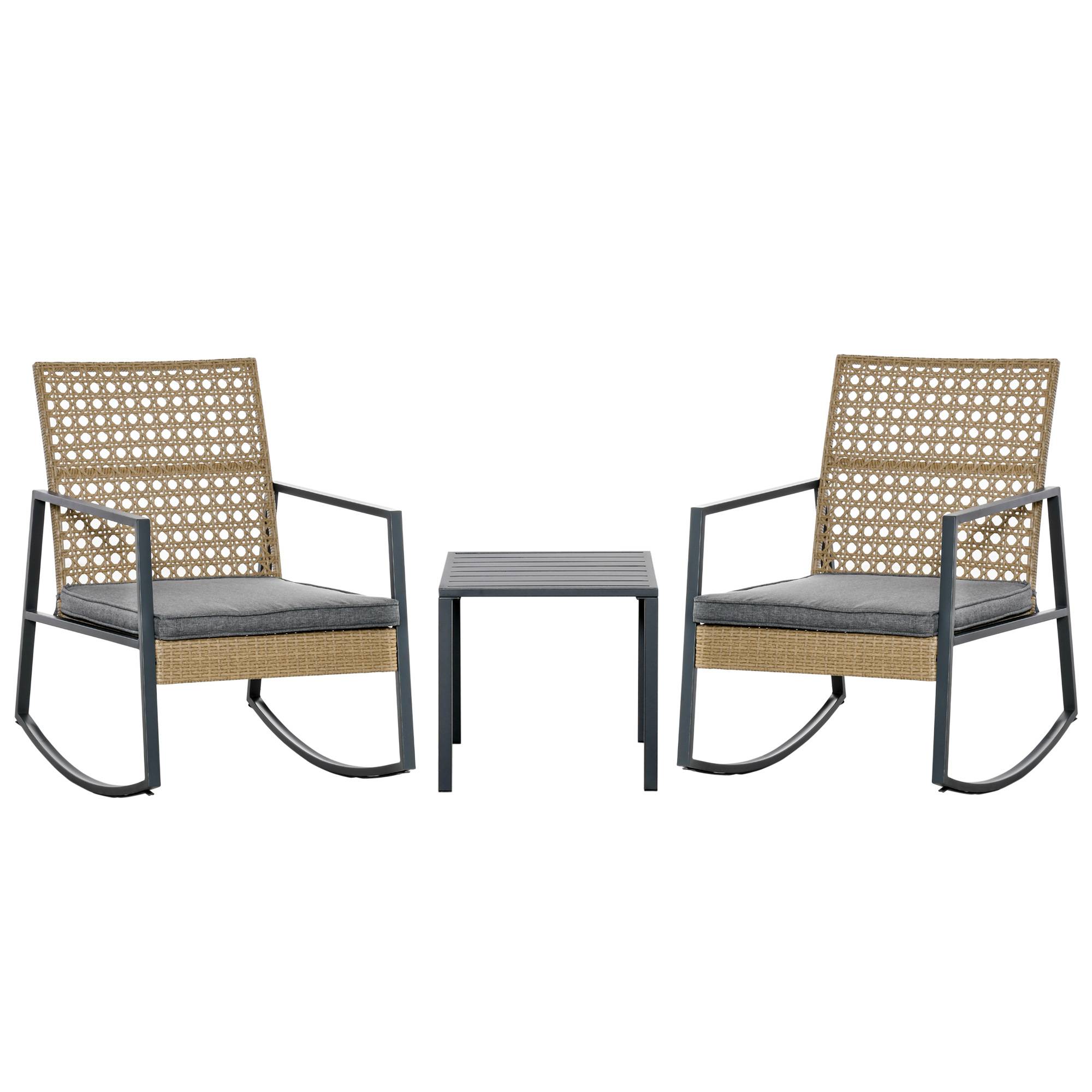 Outsunny - Ensemble de jardin 3 pièces style colonial 2 fauteuils à bascule avec coussins assise gris table basse métal époxy résine tressée beige - Outsunny - Imagen 1