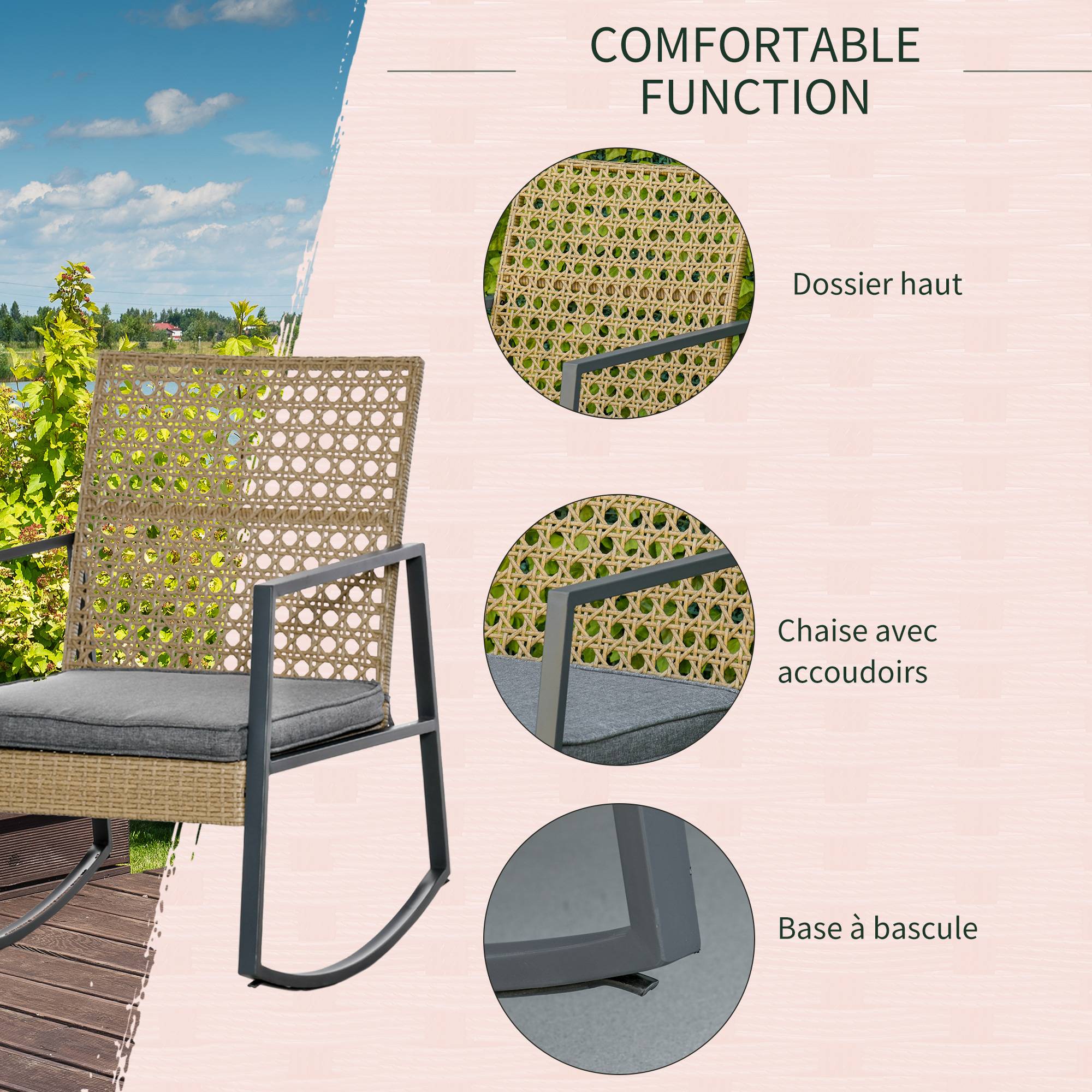Outsunny - Ensemble de jardin 3 pièces style colonial 2 fauteuils à bascule avec coussins assise gris table basse métal époxy résine tressée beige - Outsunny - Imagen 6