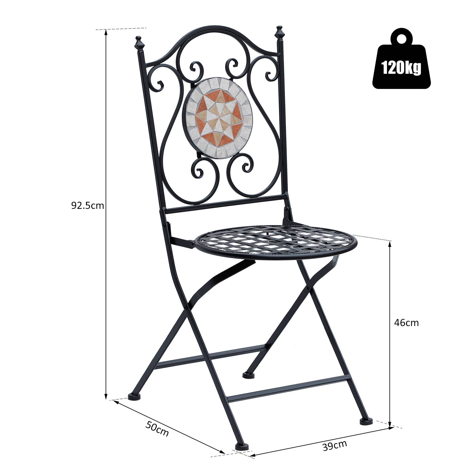 Lot de 2 chaises de jardin pliantes style bistro, assise mosaïque, métal, charge maximale 120 kg, 50 x 40 x 94,5 cm, noir - Image 4
