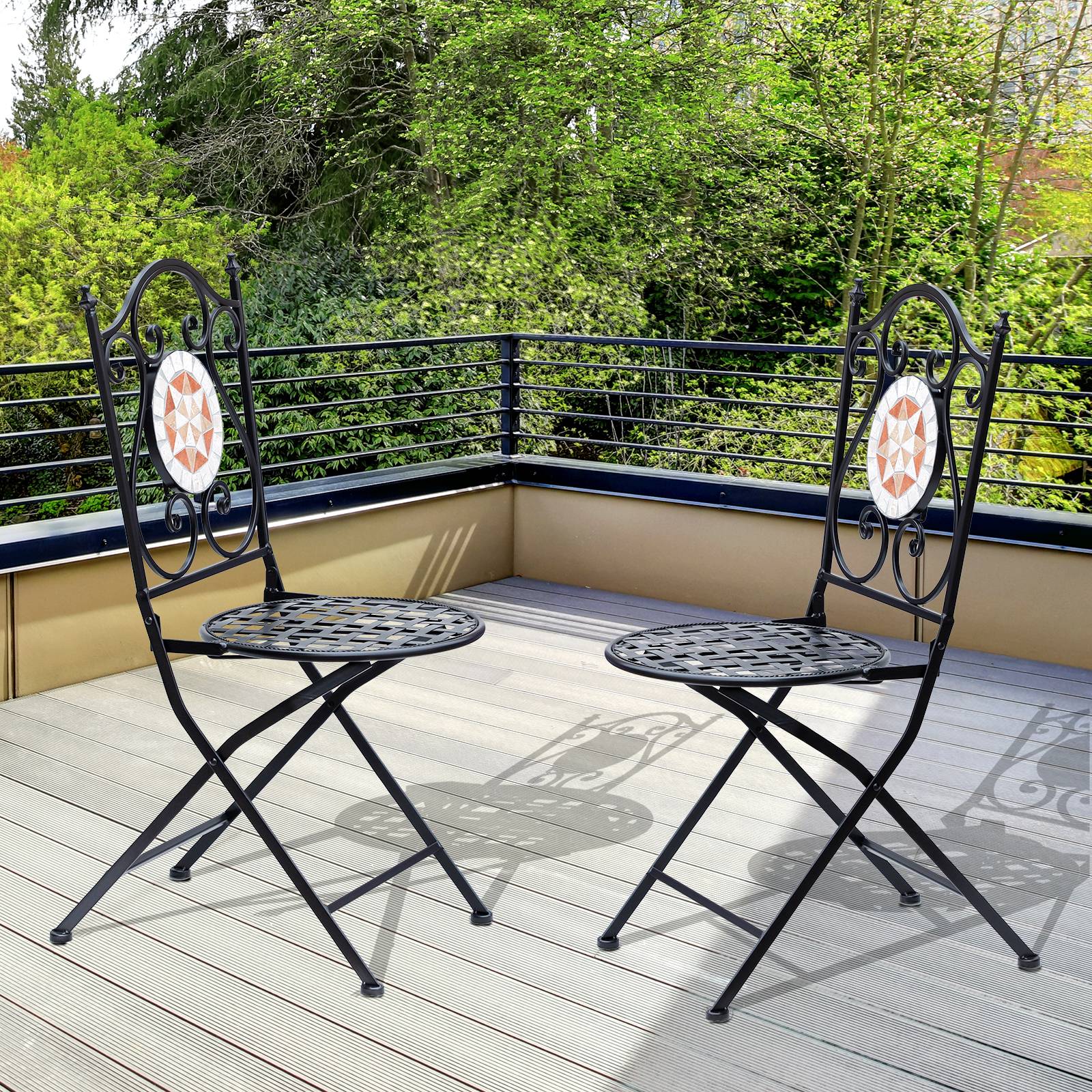 Lot de 2 chaises de jardin pliantes style bistro, assise mosaïque, métal, charge maximale 120 kg, 50 x 40 x 94,5 cm, noir - Image 2