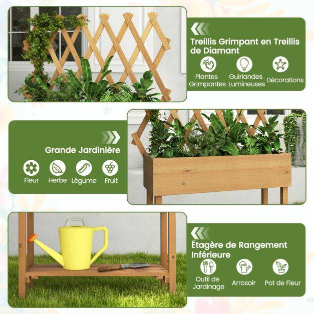 Helloshop26 - Lit de jardin surélevé en bois avec treillis etagère de rangement jardinière surélevée avec roues verrouillables doublure en tissu naturel - Imagen 3