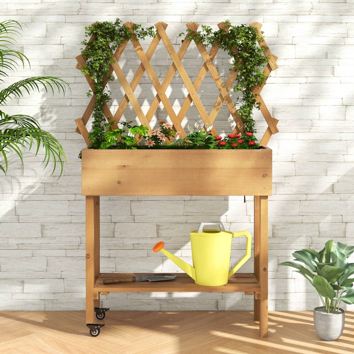 Helloshop26 - Lit de jardin surélevé en bois avec treillis etagère de rangement jardinière surélevée avec roues verrouillables doublure en tissu naturel - Imagen 2