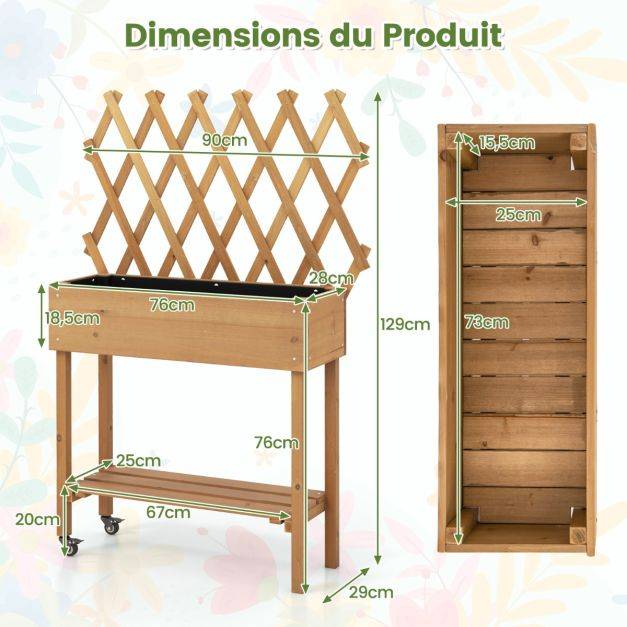 Helloshop26 - Lit de jardin surélevé en bois avec treillis etagère de rangement jardinière surélevée avec roues verrouillables doublure en tissu naturel - Imagen 6