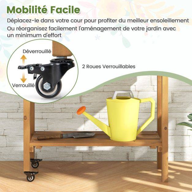 Helloshop26 - Lit de jardin surélevé en bois avec treillis etagère de rangement jardinière surélevée avec roues verrouillables doublure en tissu naturel - Imagen 5