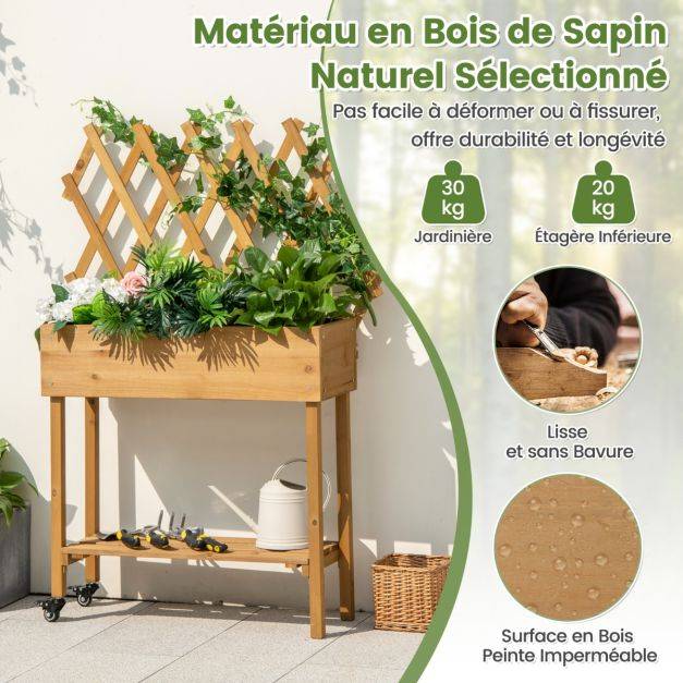 Helloshop26 - Lit de jardin surélevé en bois avec treillis etagère de rangement jardinière surélevée avec roues verrouillables doublure en tissu naturel - Imagen 4