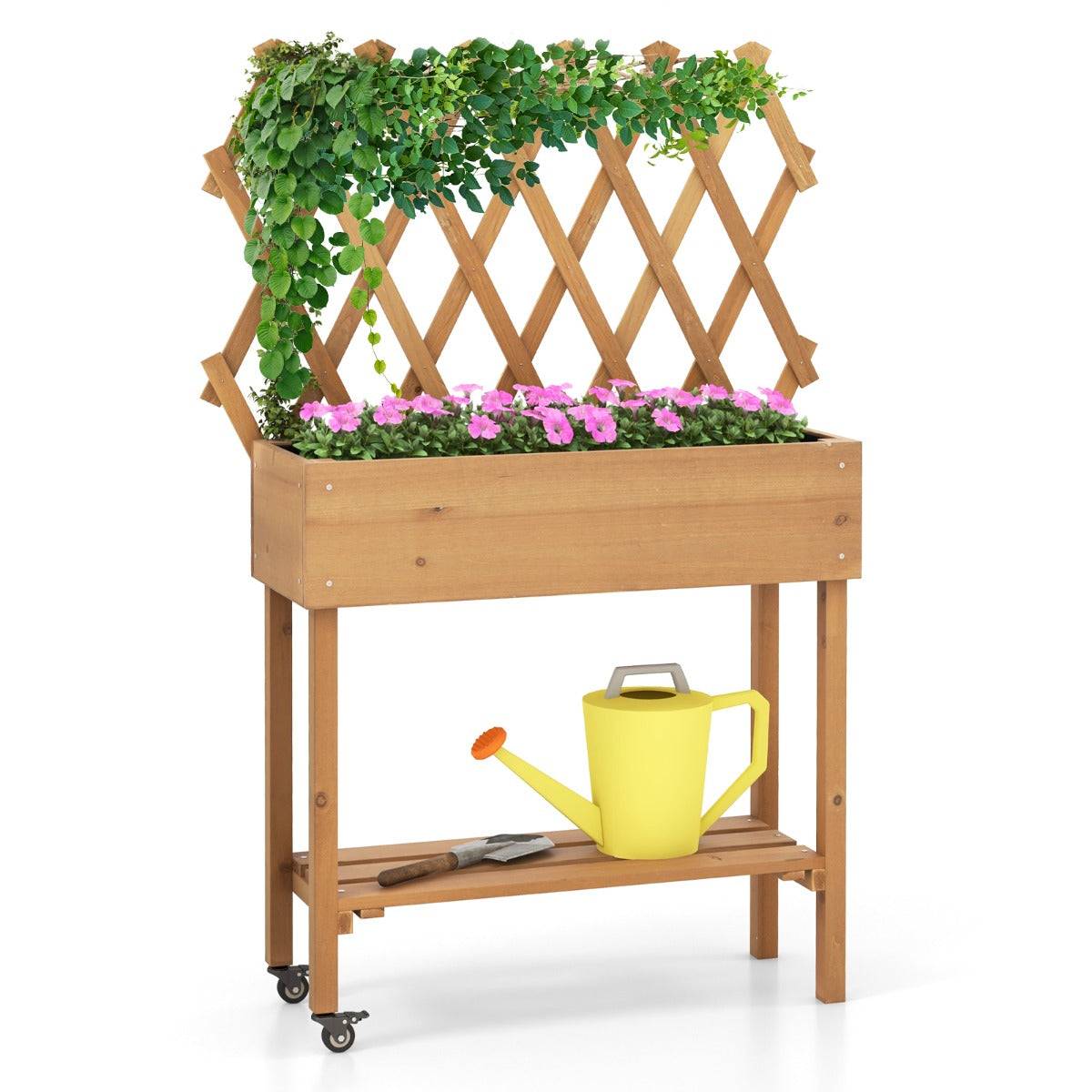 Helloshop26 - Lit de jardin surélevé en bois avec treillis etagère de rangement jardinière surélevée avec roues verrouillables doublure en tissu naturel - Imagen 1