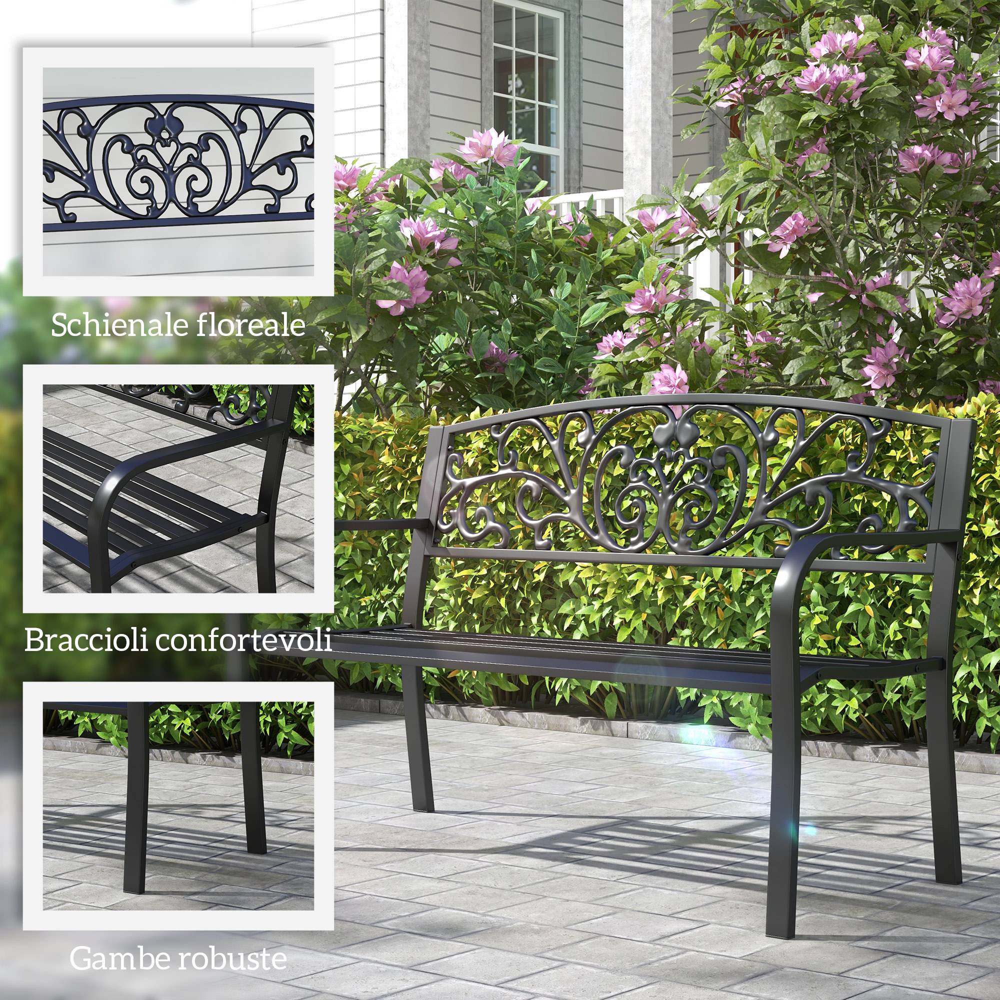 Banc de jardin en métal avec dossier décoré, 127 x 60 x 87 cm - Noir - Image 7