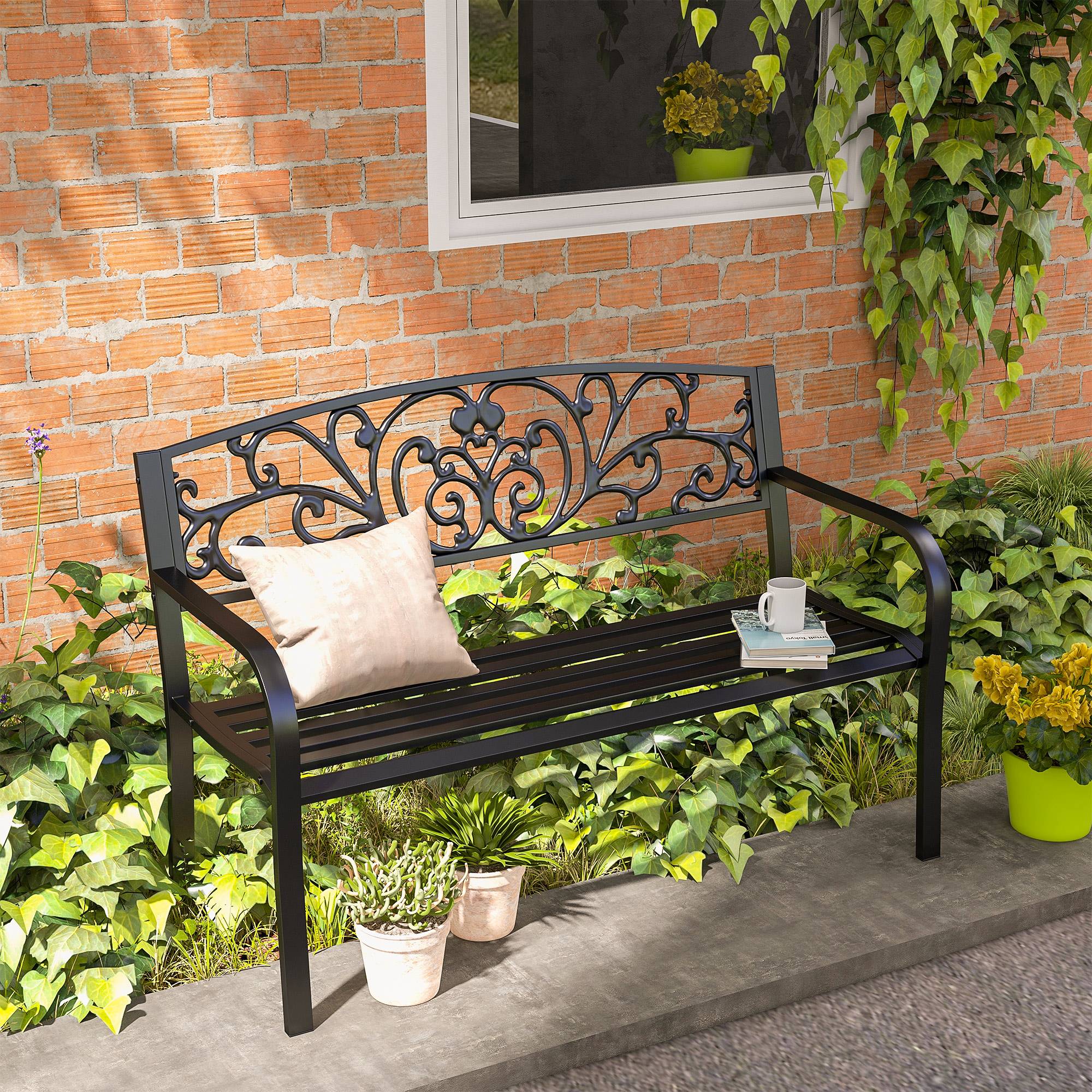 Banc de jardin en métal avec dossier décoré, 127 x 60 x 87 cm - Noir - Image 3