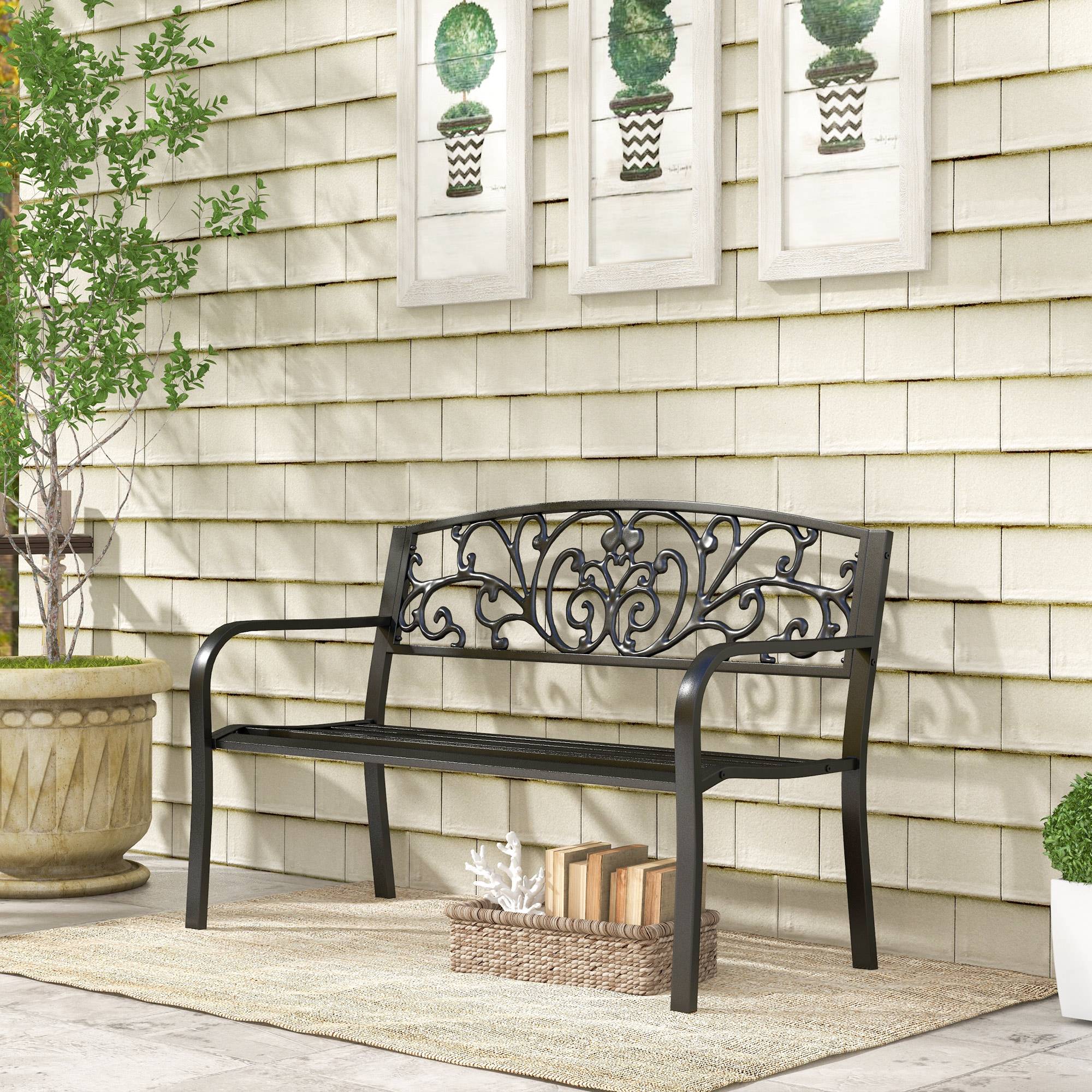 Banc de jardin en métal avec dossier décoré, 127 x 60 x 87 cm - Noir - Image 4