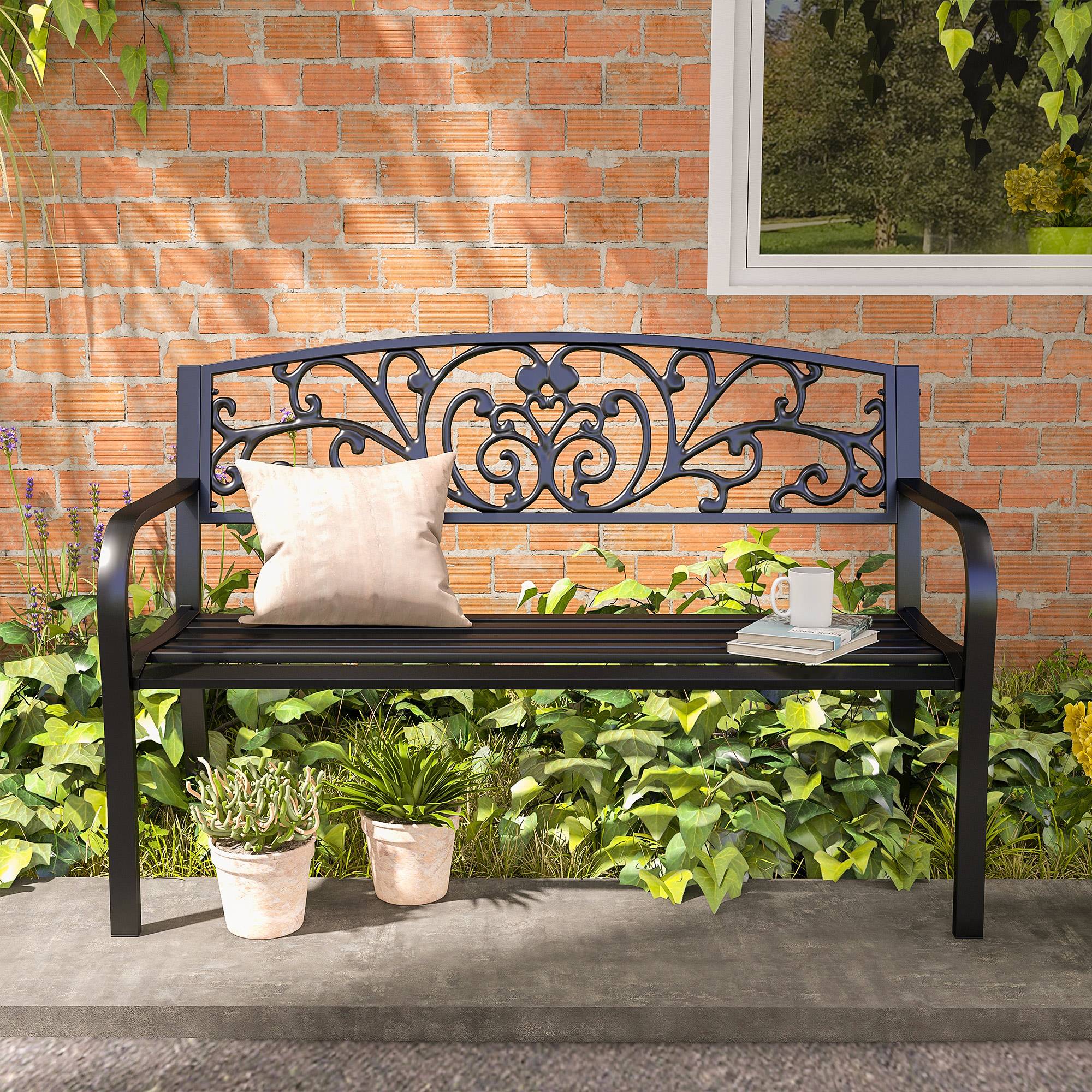 Banc de jardin en métal avec dossier décoré, 127 x 60 x 87 cm - Noir - Image 9