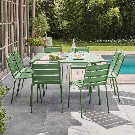 Oviala - Ensemble table de jardin et 8 chaises en métal vert cactus Palavas - Oviala - Imagen 2
